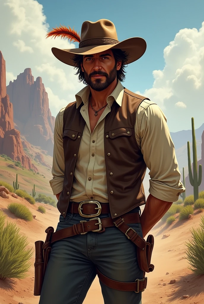 He has combed brown hair and a slightly unkempt beard. His eyes are brown. Use John Marston from Red Dead Redemption as a reference, with a vest and rolled up sleeves. He wears a hat with a feather. He has both hands behind his back in a soldier pose. He is American, with a strong sense of brotherhood, and wears regular pants and boots with spurs. I would like the art to be in a fantasy RPG style, set in the Old West.