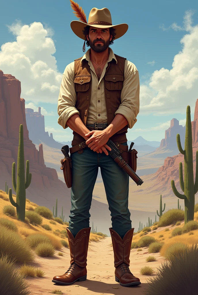 He has combed brown hair and a slightly unkempt beard. His eyes are brown. Use John Marston from Red Dead Redemption as a reference, with a vest and rolled up sleeves. He wears a hat with a feather. He has both hands behind his back in a soldier pose. He is American, with a strong sense of brotherhood, and wears regular pants and boots with spurs. I would like the art to be in a fantasy RPG style, set in the Old West.