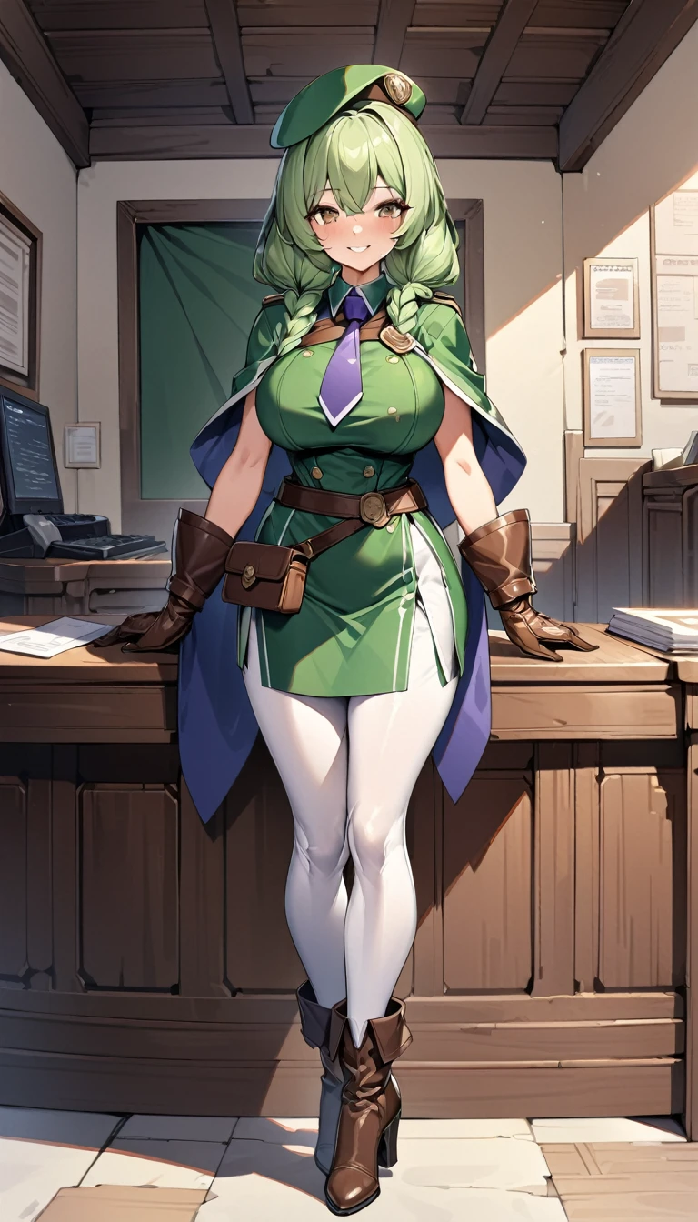 An adventurer guild clerk girl, sexy body, (big breasts: 1), big hip, ((green clerk outifit, purple necktie, green beret, short cape, leather gloves, leather high heels boots, white leggings, leather utility belts)), (low brown braided-twintail hairstyle: 1), brown eyes, smiling, beautiful face, detailed face, very detailed, beautiful eyes, full body, full body shot, high quality, detailed background, high resolution, 8k resolution, ultra high detail, beatiful skin, perfect body, perfect anatomy, adventurer guild receptionist desk background,