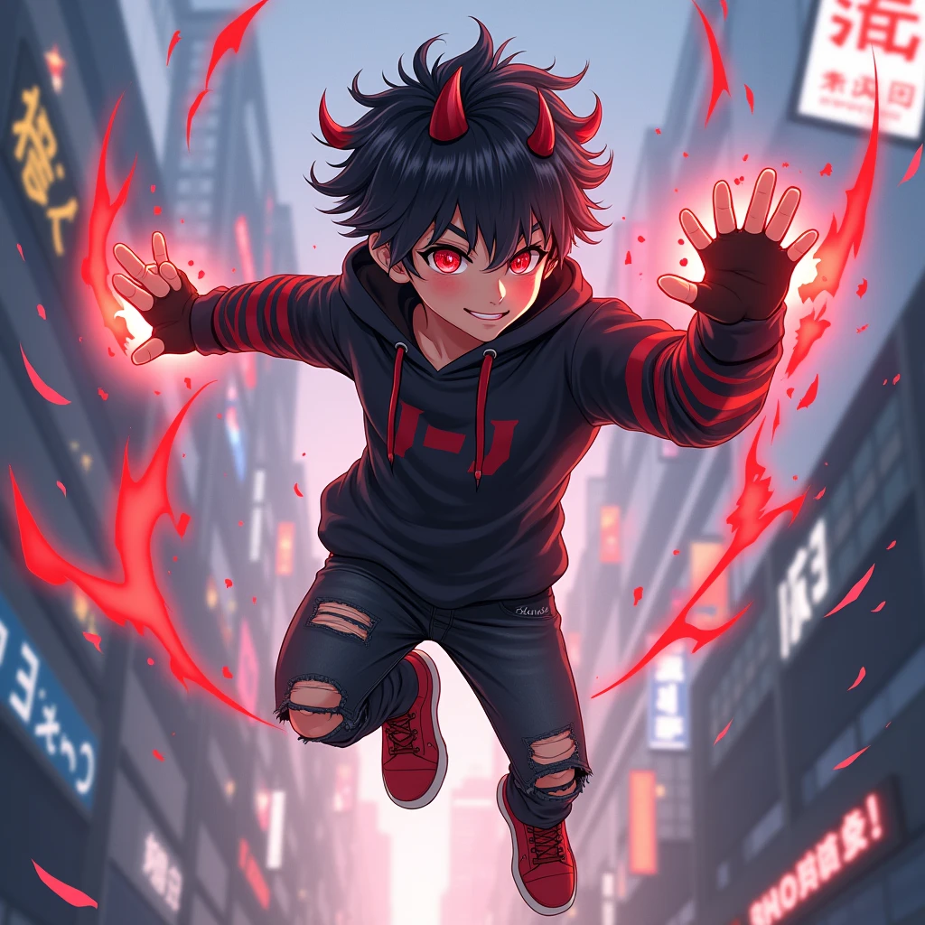((Hair: Pure black with red tips, short-spiky styled)), ((Appearance: Pale Fair-Skinned boy, around 168cm's height, lean, little muscular)), ((Eyes: Red, demon-like)), ((Clothes: Black long-sleeved hoodie with red stripes)), ((Under clothes: Black ripped jeans and red snikers)), ((Face: Handsome, cute, young teenager of 18 years-old)), ((Action: Floating in mid-air with a mischievous grin on his face, on top of a city)), ((Accessories: Black fingerless glove's)), ((Facial Expression: Calm, laydback, handsome, soft blush)), ((City: Modern stiled, bright lighting)), ((Location: On top of a city, japan, shibuya-styled)), ((Other Action: flicking his fingers and slicing in half a building)), ((Hand Action: left hand flicking fingers, slashing-like attack generated by the flicking)), ((Slash: common-like slashing attack that sliced a building in half)),