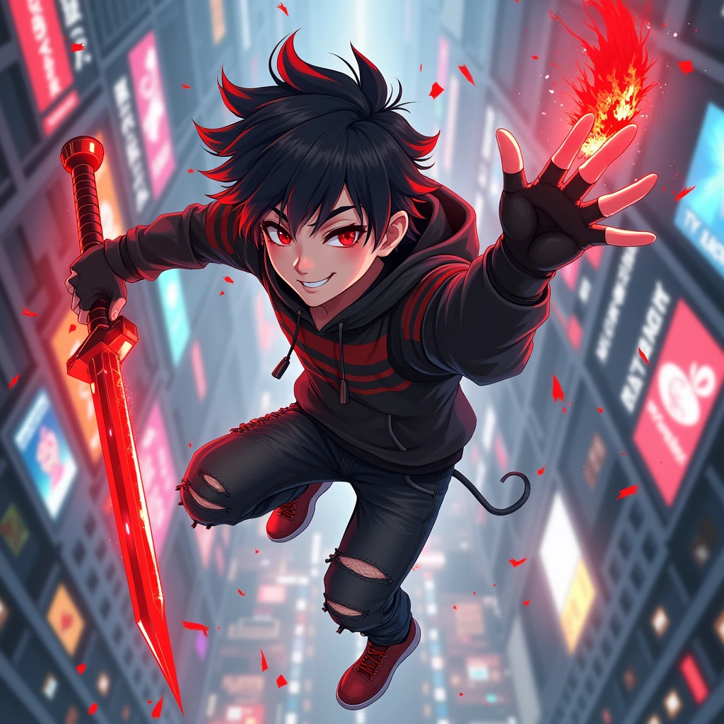 ((Hair: Pure black with red tips, short-spiky styled)), ((Appearance: Pale Fair-Skinned boy, around 168cm's height, lean, little muscular)), ((Eyes: Red, demon-like)), ((Clothes: Black long-sleeved hoodie with red stripes)), ((Under clothes: Black ripped jeans and red snikers)), ((Face: Handsome, cute, young teenager of 18 years-old)), ((Action: Floating in mid-air with a mischievous grin on his face, on top of a city)), ((Accessories: Black fingerless glove's)), ((Facial Expression: Calm, laydback, handsome, soft blush)), ((City: Modern stiled, bright lighting)), ((Location: On top of a city, japan, shibuya-styled)), ((Other Action: flicking his fingers and slicing in half a building)), ((Hand Action: left hand flicking fingers, slashing-like attack generated by the flicking)), ((Slash: common-like slashing attack that sliced a building in half)),