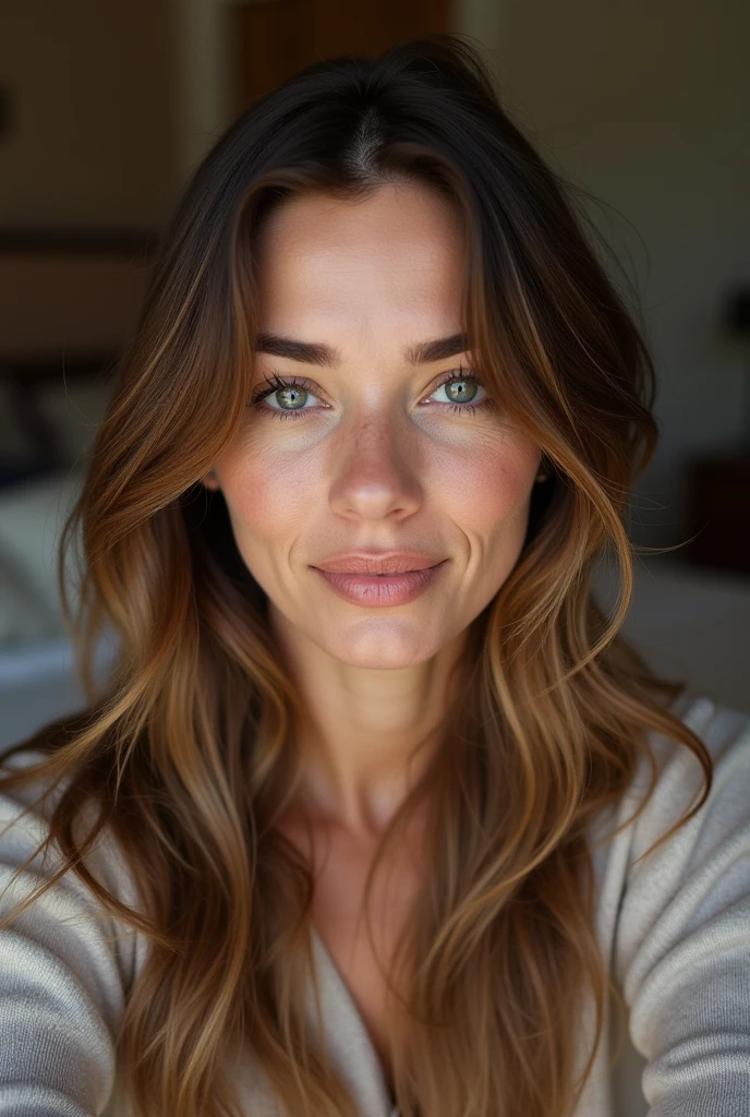 Generate a full face selfie of a 38 year lady with brown hair in her room 