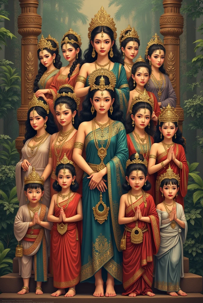 A strong woman in traditional attire, Aarti, with seven daughters around her. Her brother, Raghav, stands beside her, providing support.