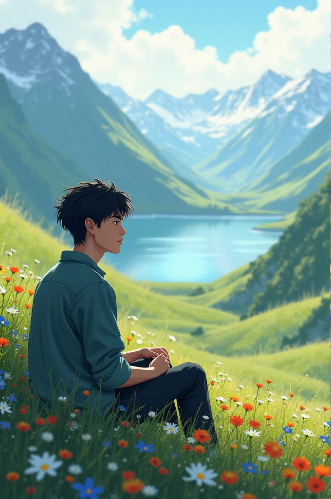 A young man sits quietly on a lush hillside, surrounded by a sea of wildflowers. The vast expanse of nature stretches out before him, with mist-covered mountains and a serene lake in the distance. The words 'One Mind, Too Many Thoughts...' linger in the air, capturing the calm yet contemplative mood. As he stares into the horizon, his mind races with thoughts, but the peaceful scenery offers a moment of solace amidst the chaos