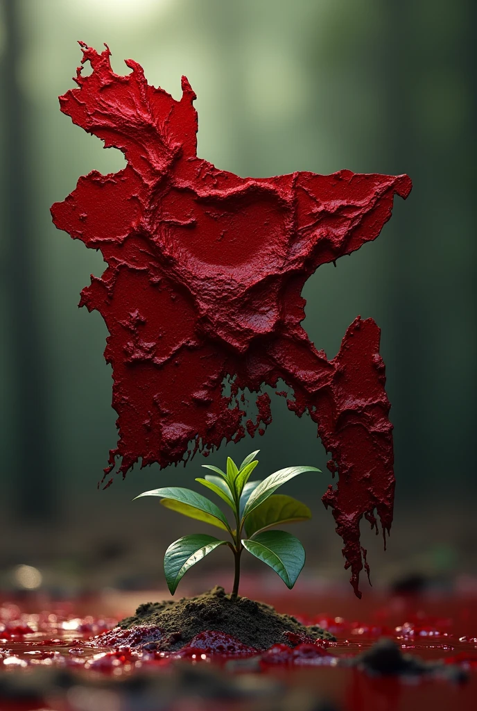 From the right side, the bloody map of Bangladesh is covered with blood on a tree sapling, and on the left, sunlight is falling on the sapling.