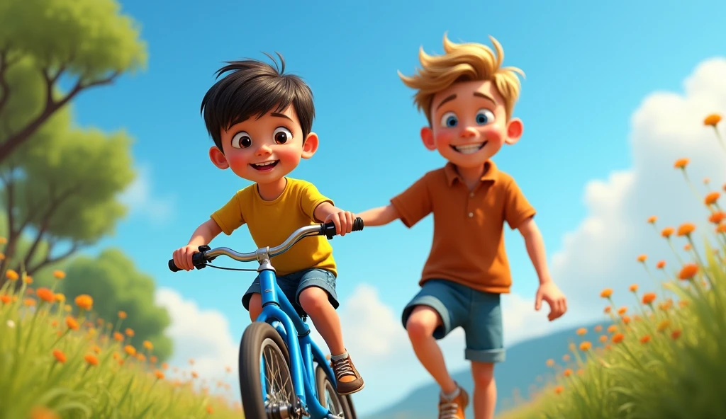 Once upon a time there were two brothers named Cássio and Diogo. Cassio, small, dark brown eyes, short straight hair, dark brown hair, transparent bangs, big cheeks and round face. Diogo, large, short blond hair, thin face, blue eyes. Show Cássio pedaling his blue bike and Diogo standing next to it. Pixar, Disney, hyperrealistic