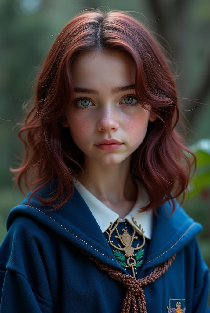 Create a character for a Harry Potter RPG that I participate in with the following characteristics: Hermione Granger inspired girl with medium length dark magenta reddish brown hair; with eyes that vary between green, gray and light brown; fair skin and blue Ravenclaw witch robes.