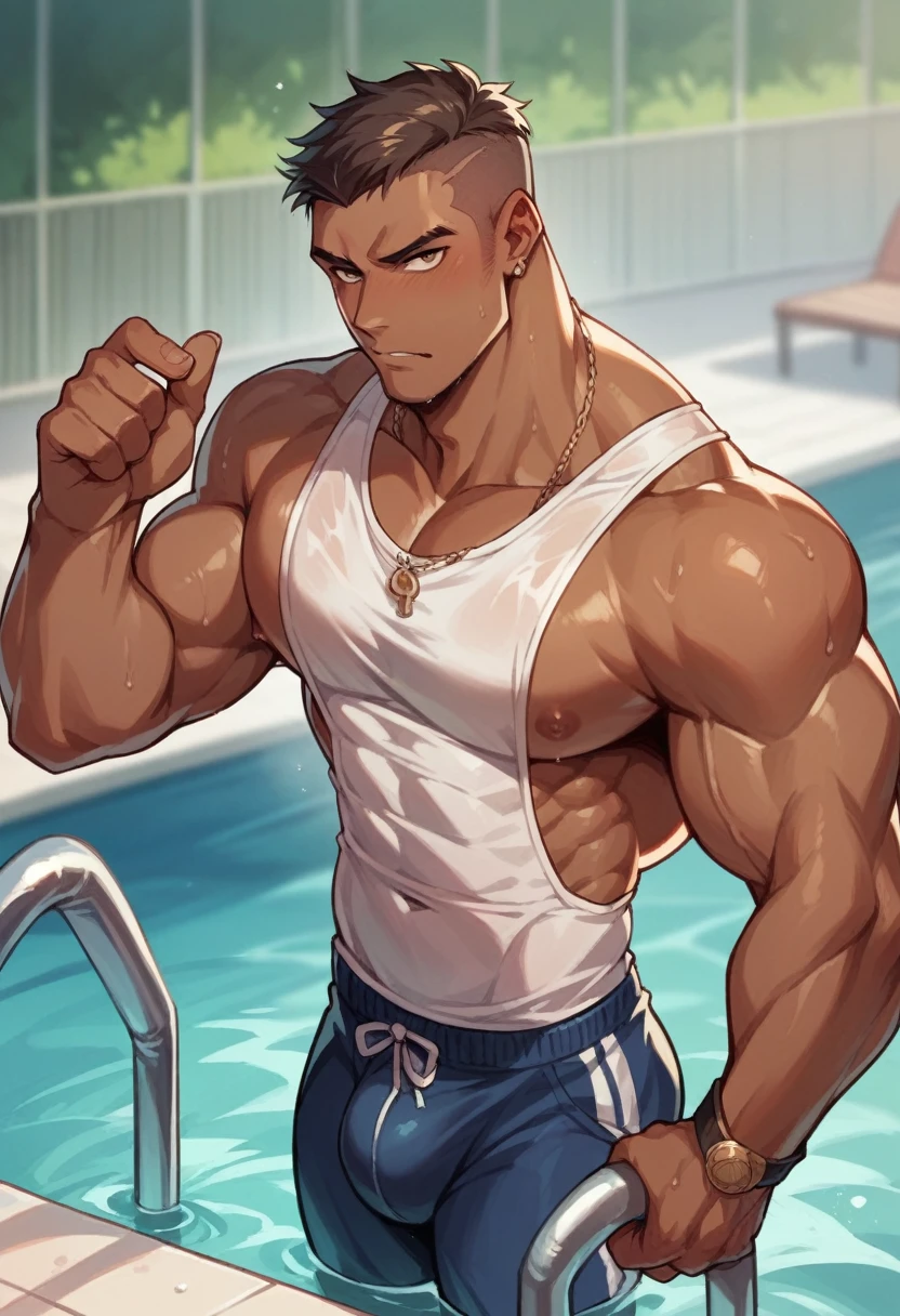 Macho Male college student Dark skin Pool Tback Big cock Shaved