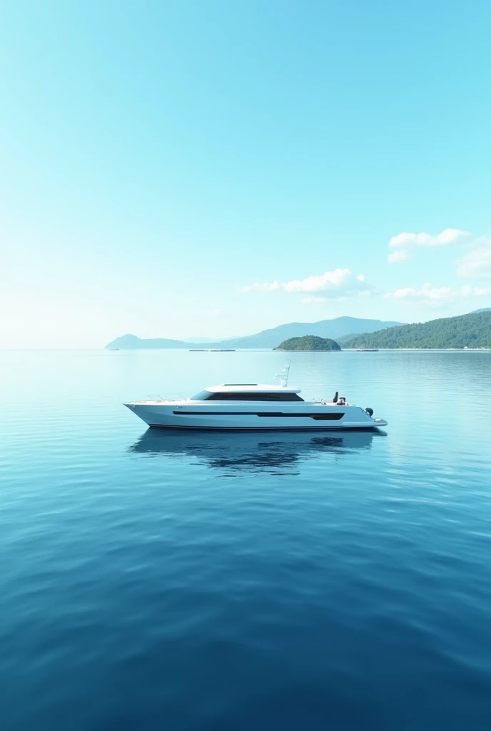 realistic photo, ocean, island in the distance, white yacht floating in the ocean