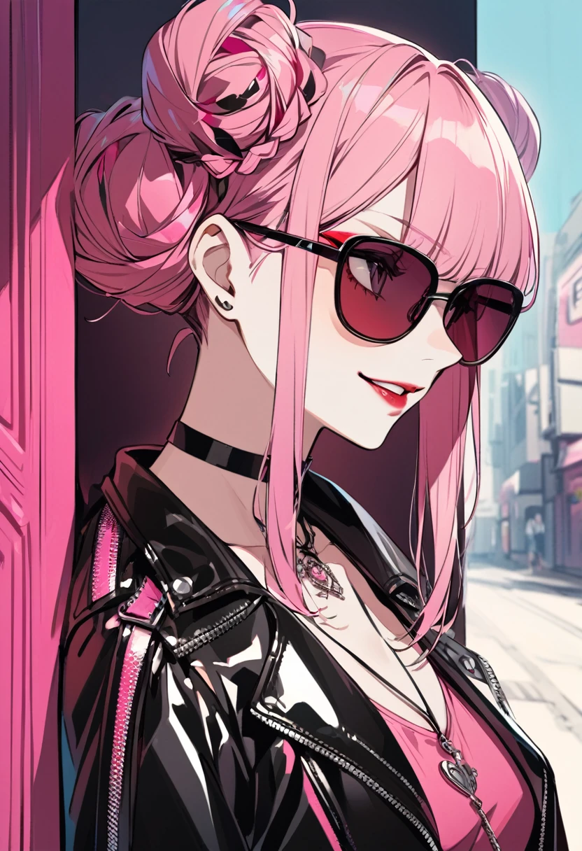 Woman in profile to the right with pink hair, double buns hairstyle, dark eyes and looking out of the corner, dark clothes with pink details, leather clothing, wearing sunglasses, pendants, mouth with dark red lipstick, Grinning,