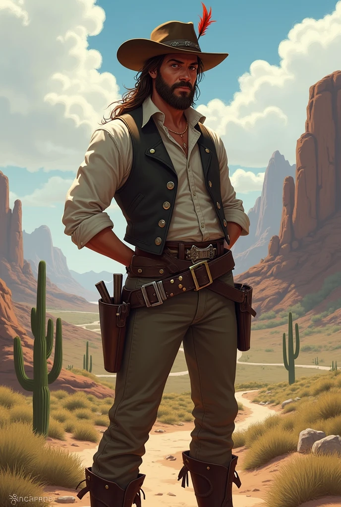 He has combed brown hair and a slightly unkempt beard. His eyes are brown. Use John Marston from Red Dead Redemption as a reference, with a vest and rolled up sleeves. He wears a hat with a feather. He has both hands behind his back in a soldier pose. He is American, with a strong sense of brotherhood, and wears regular pants and boots with spurs. I would like the art to be in a fantasy RPG style, set in the Old West.