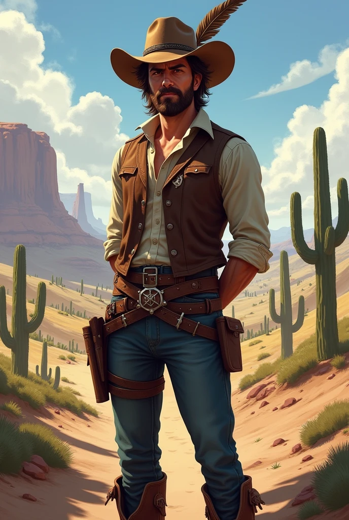 He has combed brown hair and a slightly unkempt beard. His eyes are brown. Use John Marston from Red Dead Redemption as a reference, with a vest and rolled up sleeves. He wears a hat with a feather. He has both hands behind his back in a soldier pose. He is American, with a strong sense of brotherhood, and wears regular pants and boots with spurs. I would like the art to be in a fantasy RPG style, set in the Old West.