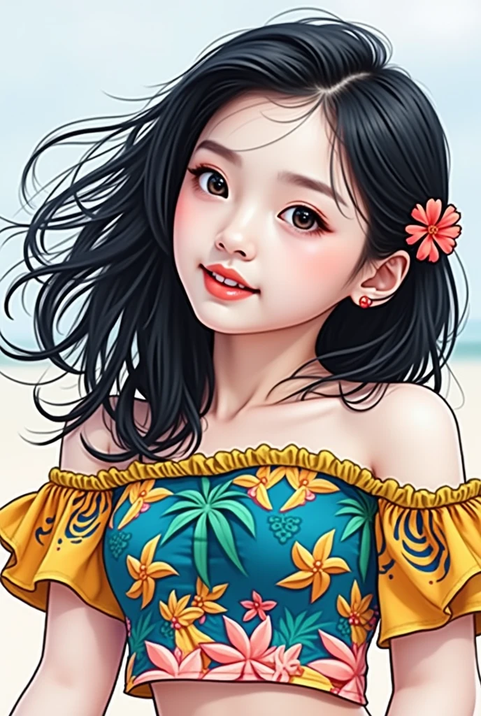 close-up, of beautiful korean female, wearing crop top , 34 inch breast sizes, slightly smile, wearing hawaii girl costume, background, UHD