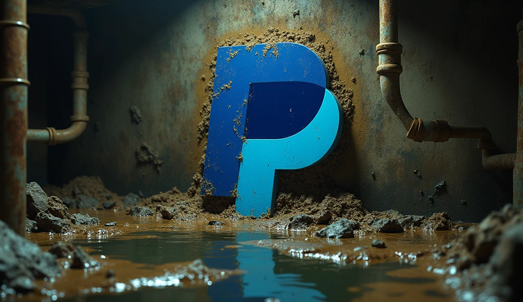 Dirty ans toxic PayPal logo in the middle of a dirty sewer