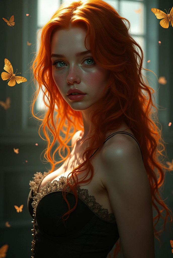 (solo, full body photo:1.3), (action packed:1.3), (haze, fog, mist:1.3), chiaroscuro, best quality, photorealistic, 1woman, (cute), (24yo:1.2), redhead, long ginger hair highly detailed, 1700'S, digital photography, art by artgerm and ruan jia and greg rutkowski surreal painting gold butterfly filigree, broken glass, (masterpiece, sidelighting, finely detailed Fashionable eyes: 1.2) (perfect oval large eyes that gazes at the viewer), beautiful detailed face, blue gorgeous perfect eyes, (blonde hair ponytail), (attractive young woman:1.3), (thick amazing hair), (seductive:1.1), (blushing:1.1)