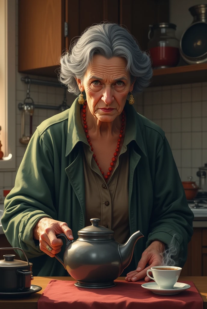 An elderly lady with slightly graying black hair, with a Machiavellian look preparing tea in a kitchen