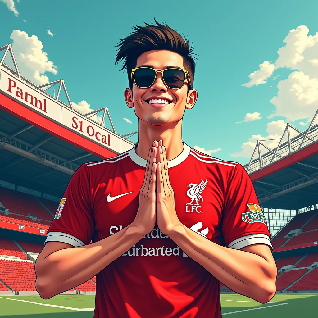 A Thai man with short hair smiling in a manga style, bowing in a Thai way and wearing a Liverpool shirt, wearing sunglasses, standing in a cartoon style. High quality dynamic photo, detailed and colorful. Realistic and colorful poses, background is Andfield stadium.