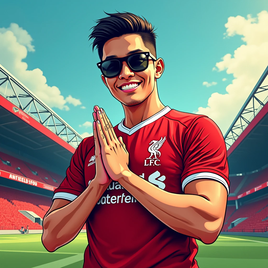 A Thai man with short hair smiling in a manga style, bowing in a Thai way and wearing a Liverpool shirt, wearing sunglasses, standing in a cartoon style. High quality dynamic photo, detailed and colorful. Realistic and colorful poses, background is Andfield stadium.