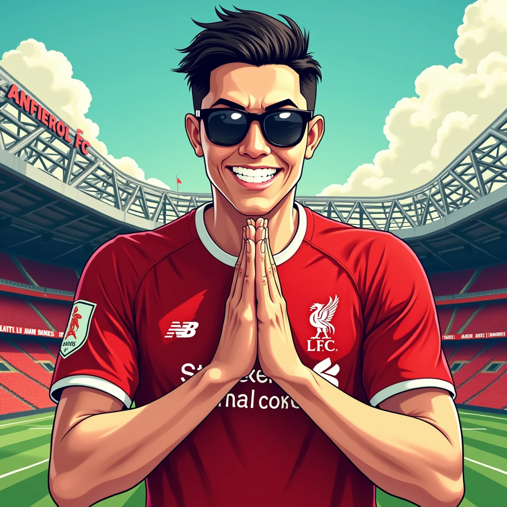 A Thai man with short hair smiling in a manga style, bowing in a Thai way and wearing a Liverpool shirt, wearing sunglasses, standing in a cartoon style. High quality dynamic photo, detailed and colorful. Realistic and colorful poses, background is Andfield stadium.