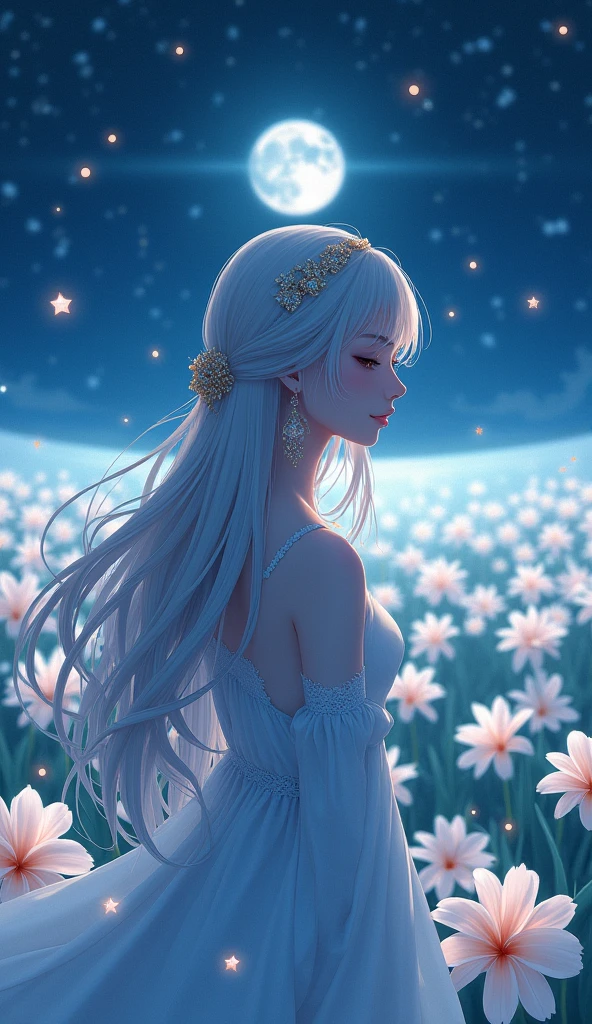plumeria flower turned human girl, night time, fireflies, plantation of white plumeria flower, Sparkle, Silhouette, Accurate, Masterpiece, High Resolution,Hair Ornament, POV,myth, anime, Bloom, Hair Ornament, Hair Flower, Long Hair, Hair Between Eyes, Closed Eyes, Earrings, Depth Of Field, Feet Out Of Frame,