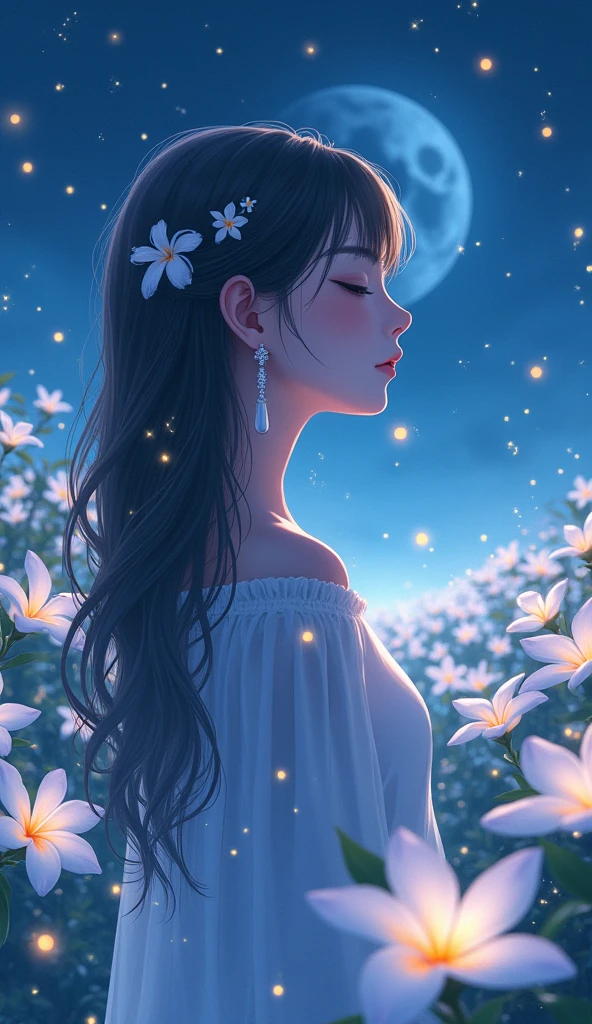 plumeria flower turned human girl, night time, fireflies, plantation of white plumeria flower, Sparkle, Silhouette, Accurate, Masterpiece, High Resolution,Hair Ornament, POV,myth, anime, Bloom, Hair Ornament, Hair Flower, Long Hair, Hair Between Eyes, Closed Eyes, Earrings, Depth Of Field, Feet Out Of Frame, 