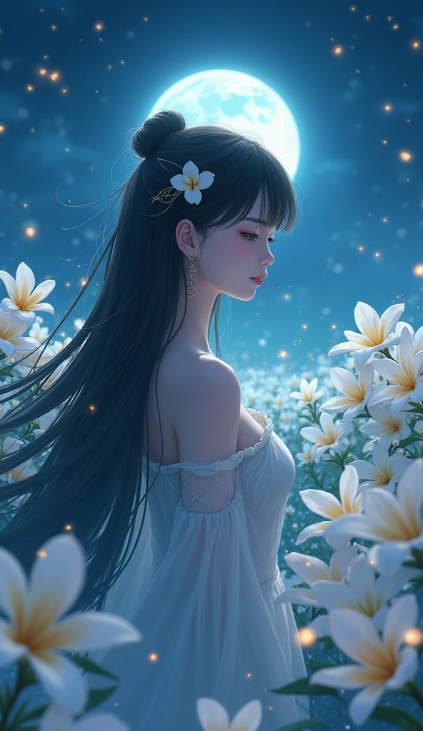 plumeria flower turned human girl, night time, fireflies, plantation of white plumeria flower, Sparkle, Silhouette, Accurate, Masterpiece, High Resolution,Hair Ornament, POV,myth, anime, Bloom, Hair Ornament, Hair Flower, Long Hair, Hair Between Eyes, Closed Eyes, Earrings, Depth Of Field, Feet Out Of Frame,