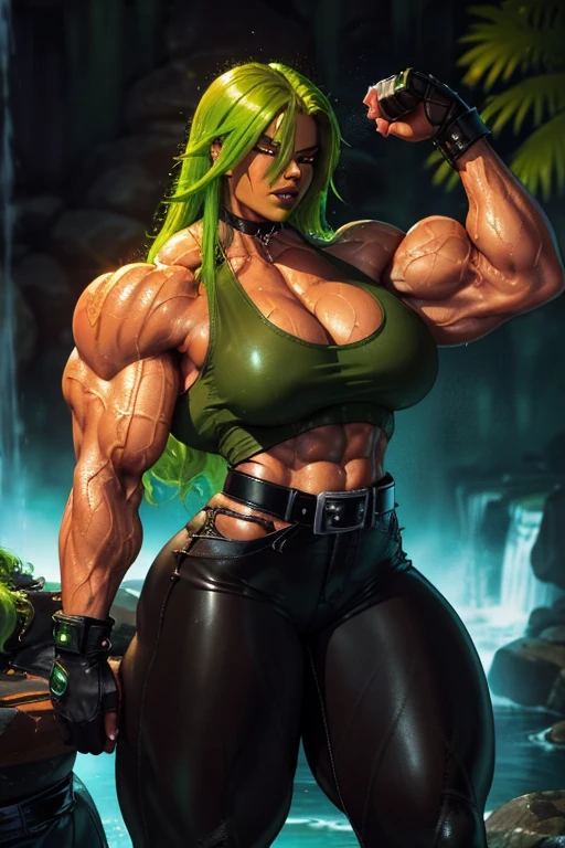 ((Close-up)), tall, ((wet green hair)) beautiful muscular woman, long curly hair, (sparkly wet brown skinned), closed smile, huge breast, (black lipstick), (massive muscles), (hyper muscle), ((ginormous bulky muscles)), ((glowing orange eyes)), ((black leather tank top)), (((black leather pants with belt))), fingerless gloves, choker, in a dark waterfall