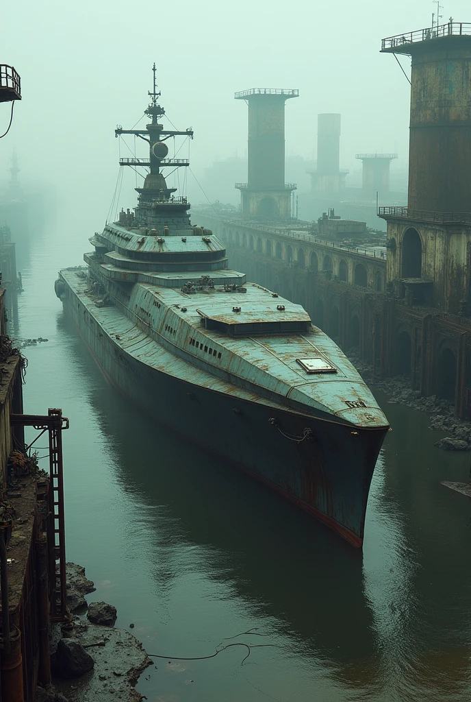 Futuristic but old ship in a polluted and gloomy nautical port in a landscape that takes place in a future where the environment is collapsing, destroyed