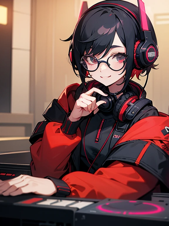cyber punk,club house,Two people,dj,Female in her early 20s,Black-rimmed round glasses,Black short hair,Headphones,smile,Red rubber jacket,