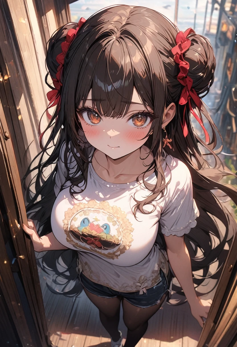 (masterpiece), best quality, very aesthetic, newest, absurdres, detailed, high quality
BREAK
highest quality, top quality, details, highres, ultra fine painting, digital art, official art, splash art, cinematic, 4k, 8k resolution, 8K CG wallpaper, original artwork, detailed background, High Dynamic Range, lens flare, blurry background, Starburst effects, crepuscular rays, good ISO, high resolution, wide shot, from far away, POV, sharp focus, light reflection, reflections, intricate details, soft light, particle noise, professional photography, bokeh, depth of field, studio lighting, vibrant colors, detailed lights and shadows, stylish, ultra-detailed, top rated on Pixiv, trending on Artstation, niji style, master crafted, pose
BREAK
solo, from above, 1girl, pale skin, correct fingers, detailed hand, (big toned breasts:1.2), big thighs, small torso, short body, flushtered, blush, anxious expression, embarassed, embarassed act, casual, slim, ((cute, childlike face):1.3), nice body, nice hips, brown hair, (very long flowing hair, 2 buns hairstyle), long bangs, long hair, middle hair bangs, brown eyes
BREAK
(casual home wear: t-shirt, shorts, plain stockings, accessories, full body. Viewer POV looking at the girl standing in front of the viewer)
BREAK
(detailed apartment room background)