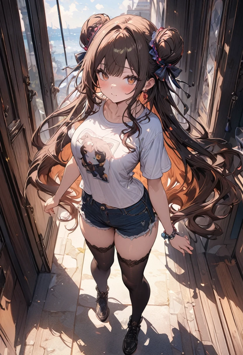 masterpiece, high quality, 8K, tall brown hair, small chest, big hips, wearing a big sweater and a short shorts, in an apartment, beautiful, brown eyes, genshin impact style, revealing, she's twenty five years old