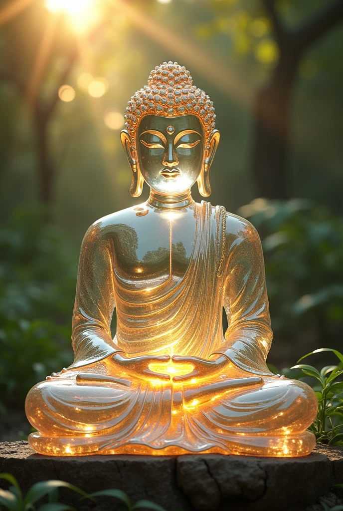 half crystal half digital with visible circuits buddha statue, highly detailed, hyper realistic, intricate details, glass, shiny, reflective, glowing aura, dramatic lighting, cinematic composition, serene expression, peaceful meditation pose, ornate decorations, gold accents, natural environment, lush foliage, sunbeams, photorealistic, 8k, masterpiece, cs-m3tal-ok_v06-1000