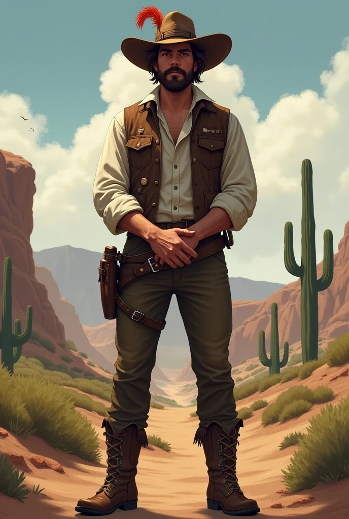 He has combed brown hair and a slightly unkempt beard. His eyes are brown. Use John Marston from Red Dead Redemption as a reference, with a vest and rolled up sleeves. He wears a hat with a feather. He has both hands behind his back in a soldier pose. He is American, with a strong sense of brotherhood, and wears regular pants and boots with spurs. I would like the art to be in a fantasy RPG style, set in the Old West.