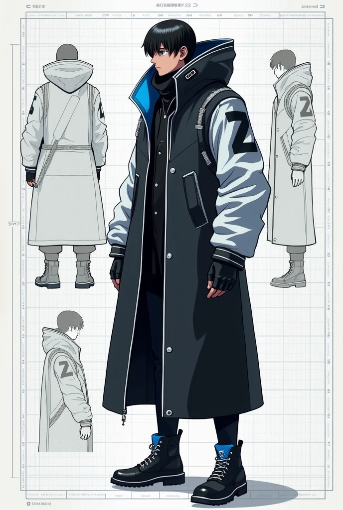 Design a futuristic jacket illustration in a schematic, blueprint style. Focus on a sleek, structured look with a high collar, primarily in black. Use 10% blue highlights and 15% white accents. The right sleeve should be entirely white, adorned with subtle blue lines, and feature a large 'M' on the shoulder. The design should include multiple views (front, side, and back) and be laid out in a technical format, with grid lines and measurement annotations. Emphasize geometric shapes and clean, precise lines, avoiding realistic textures