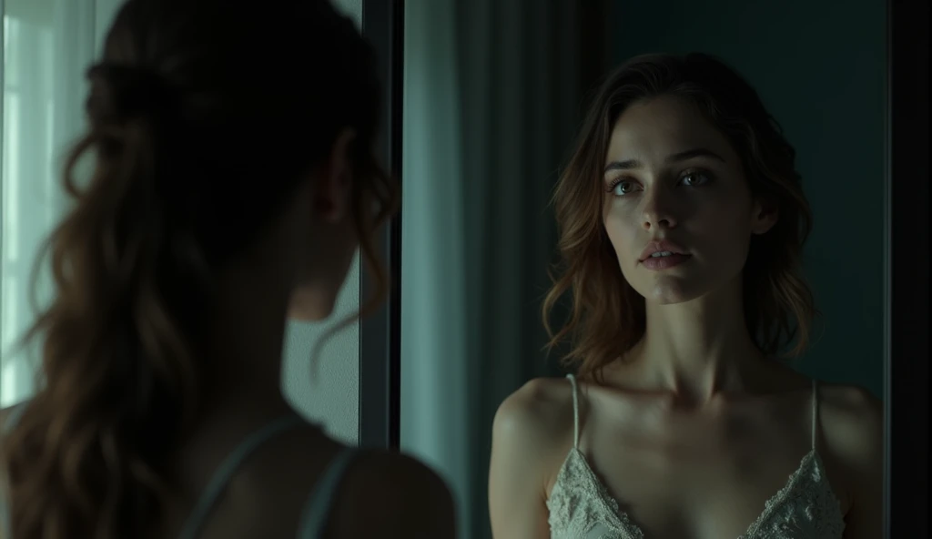 (masterpiece, best quality:1.2), (woman standing in front of a mirror:1.3), (intense gaze, self-reflection:1.3), (shadow of another person in the mirror:1.2), (woman not looking away:1.3), (dramatic lighting, high contrast:1.2), (soft reflections, subtle details:1.2), (8K, ultra-detailed, hyper-detailed, RAW photo quality, Unreal Engine rendering:1.3)