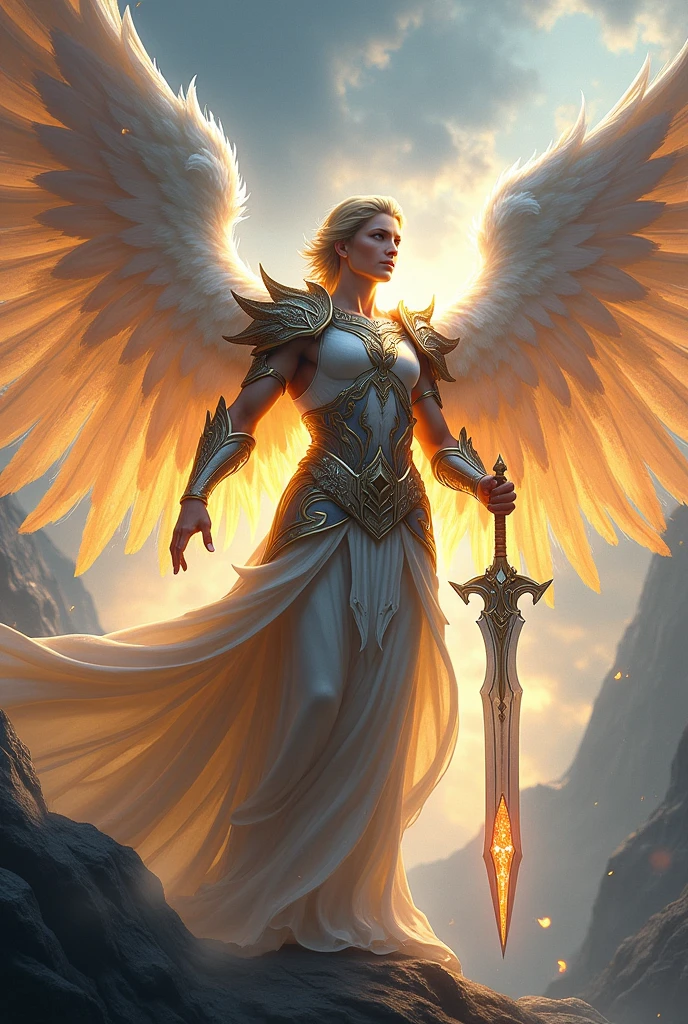 A male archangel with wings of fire and ice, using a diamond sword