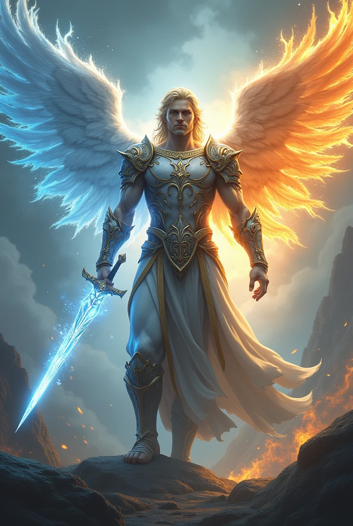 A male archangel with wings of fire and ice, using a diamond sword 