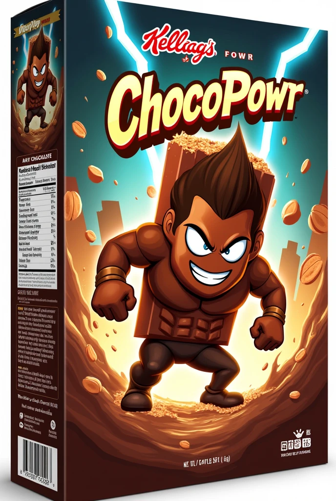 now create a packaging for my chocopower cereal with a cool mascot