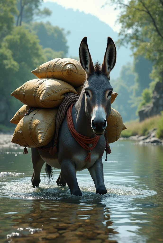 A donkey with many sacks on his back went to drink water by a river, suddenly the donkey sat down in the water