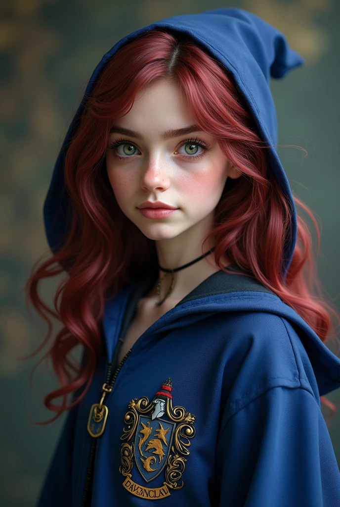 Create a character for a Harry Potter RPG that I participate in with the following characteristics: Hermione Granger inspired girl with medium length dark magenta reddish brown hair; with eyes that vary between green, gray and light brown; fair skin and blue Ravenclaw witch robes.