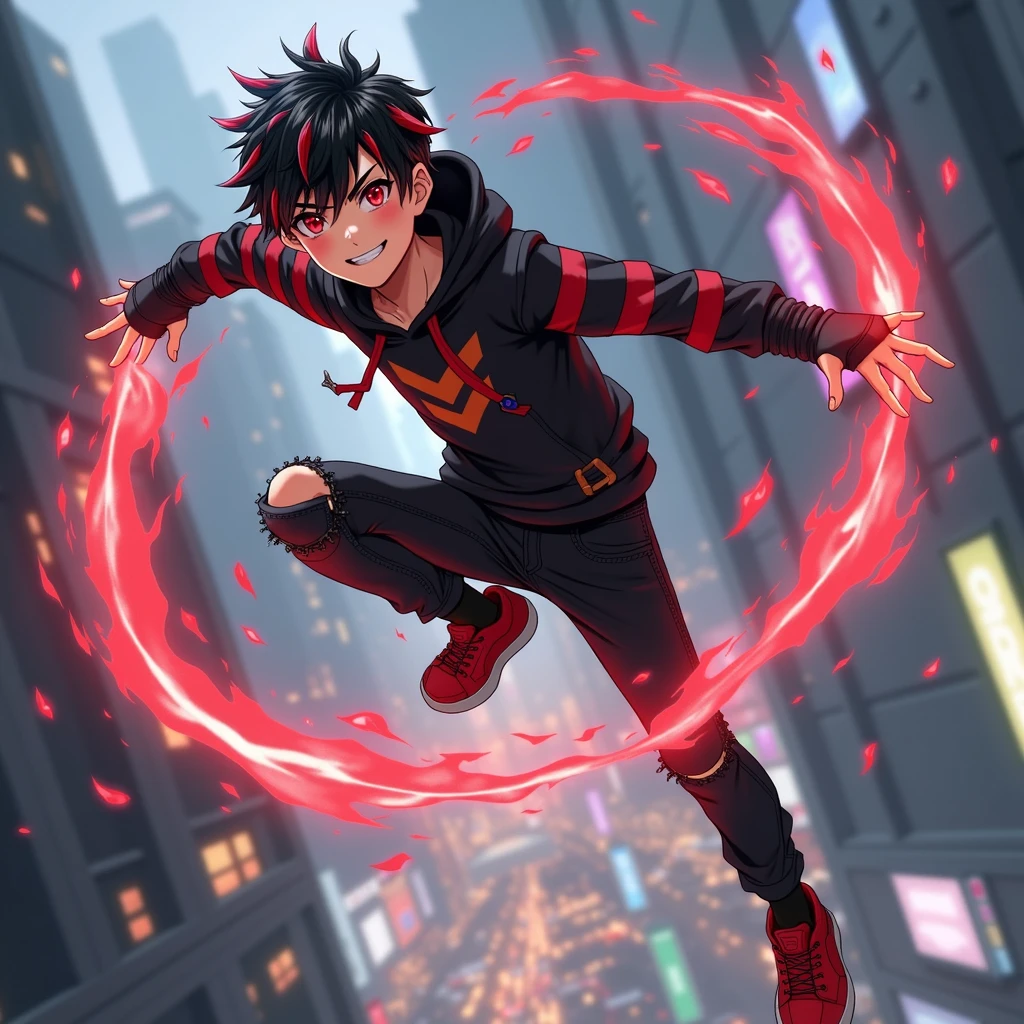 ((Hair: Pure black with red tips, short-spiky styled)), ((Appearance: Pale Fair-Skinned boy, around 168cm's height, lean, little muscular)), ((Eyes: Red, demon-like)), ((Clothes: Black long-sleeved hoodie with red stripes)), ((Under clothes: Black ripped jeans and red snikers)), ((Face: Handsome, cute, young teenager of 18 years-old)), ((Action: Floating in mid-air with a mischievous grin on his face, on top of a city)), ((Accessories: Black fingerless glove's)), ((Facial Expression: Calm, laydback, handsome, soft blush)), ((City: Modern stiled, bright lighting)), ((Location: On top of a city, japan, shibuya-styled)), ((Other Action: flicking his fingers and slicing in half a building)), ((Hand Action: left hand flicking fingers, slashing-like attack generated by the flicking)), ((Slash: common-like slashing attack that sliced a building in half)),