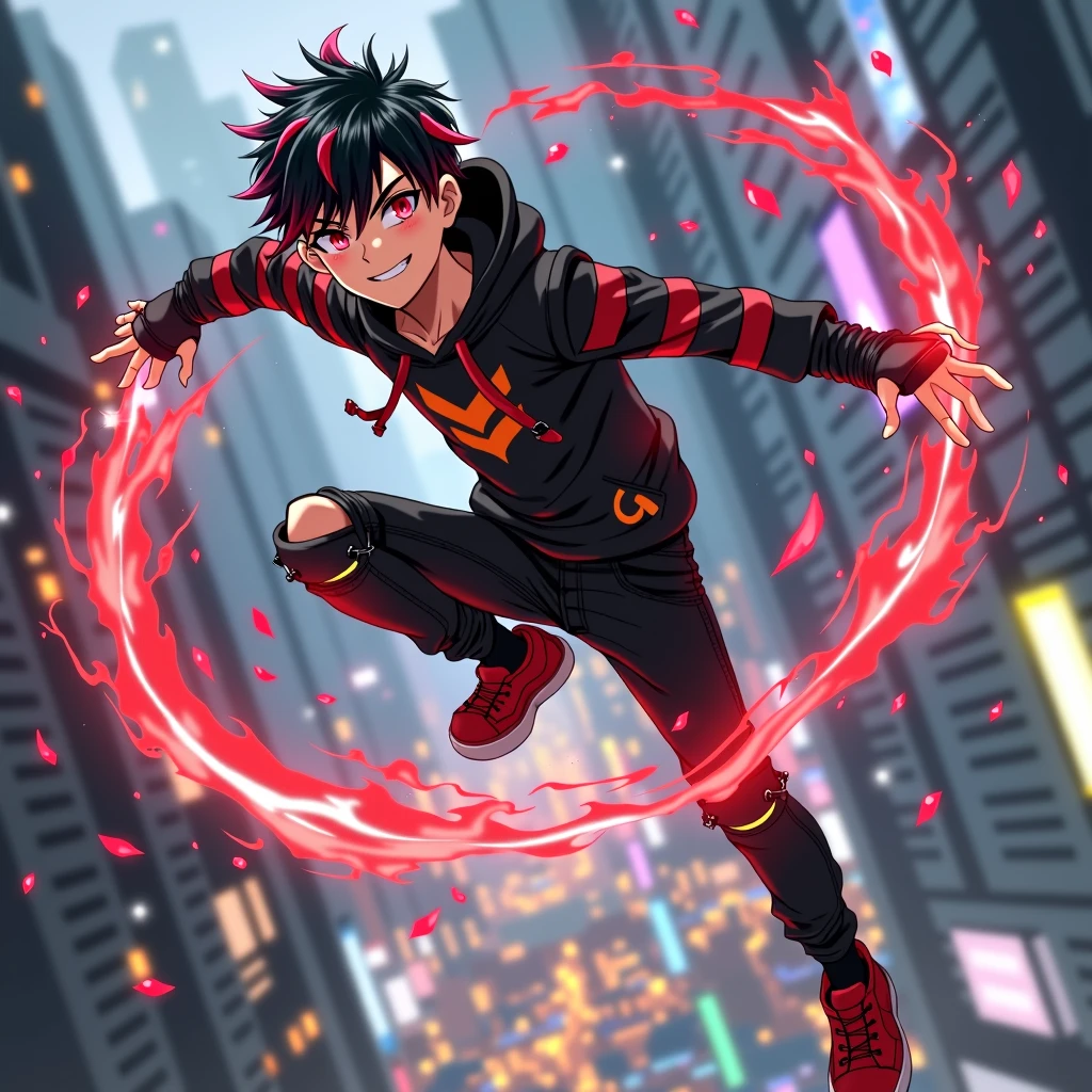 ((Hair: Pure black with red tips, short-spiky styled)), ((Appearance: Pale Fair-Skinned boy, around 168cm's height, lean, little muscular)), ((Eyes: Red, demon-like)), ((Clothes: Black long-sleeved hoodie with red stripes)), ((Under clothes: Black ripped jeans and red snikers)), ((Face: Handsome, cute, young teenager of 18 years-old)), ((Action: Floating in mid-air with a mischievous grin on his face, on top of a city)), ((Accessories: Black fingerless glove's)), ((Facial Expression: Calm, laydback, handsome, soft blush)), ((City: Modern stiled, bright lighting)), ((Location: On top of a city, japan, shibuya-styled)), ((Other Action: flicking his fingers and slicing in half a building)), ((Hand Action: left hand flicking fingers, slashing-like attack generated by the flicking)), ((Slash: common-like slashing attack that sliced a building in half)),