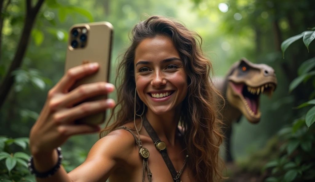 (((young cavewoman taking a selfie with her iphone-15))), 100.000 years ago, inside the jungle with dinosaurs, High resolution,sharp focus,(ultra detailed,extremely detailed),(((vibrant colors,vibrant theme))),(Intricate),(masterpiece),(Best Quality), (((it's not a painting))), (((realistic photo)))