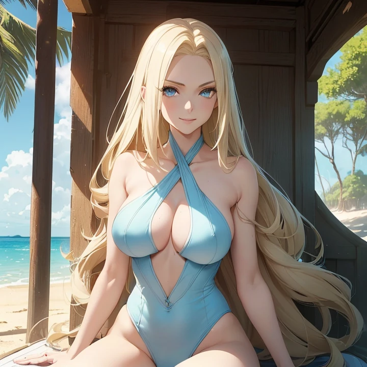Anime Style, Character Design, HD, Best Quality, Masterpiece, High Details, High resolution, fantasy, carefully detailed, no deformities.
{{(1character: a 22 young woman civilian:(very pale skin, medium straight blonde hair, she stands 1,83 meters tall, voluptuous body complexion, blue eyes, sharp nose, thin lips, medium breasts, nice hips),(white one-piece swimsuit),(relaxed expression, sweet smile closed mouth, sitting in the sand),(morning, pale blue sky, beach, sand, trees far at the back))}}