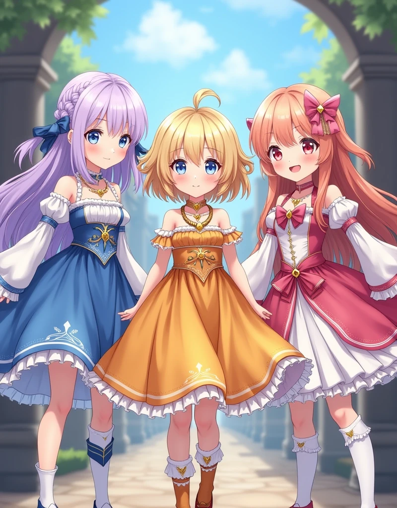 3 beautiful young girls, the first girl with long lavender hair with bangs and light blue eyes, in a gorgeous blue and white dress with detailed sleeves that show off her shoulders and short ankle socks. The second girl with short sun yellow hair with bangs and a yellow and orange dress with a big gold necklace is the happiest and the third with long wavy strawberry pink hair with dull pink eyes, with a bright pink and light white dress with a bow at the waist and long socks. ( They have the same height) medieval anime era ( The dresses are like the game Genshin Impact) whole bodies