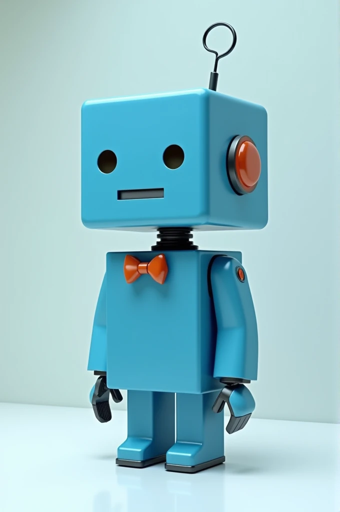 Make a blue robot with a square body and head with a short neck and wearing a bow tie