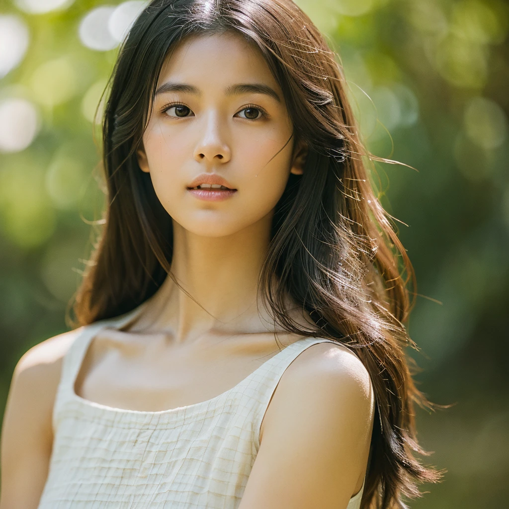A hyper-realistic image of a single Japanese woman in her early 20s, captured with the nostalgic warmth and subtle graininess of a film camera, focusing on her upper body from the shoulders up. Her skin has a warm beige tone with a natural, slightly rough texture that includes visible pores, fine lines, and subtle imperfections such as small blemishes, adding to the authenticity of her appearance. The soft, diffused natural light enhances the film-like quality, casting gentle shadows across her face and shoulders to create a timeless, organic feel. Her straight, glossy black hair frames her face in a natural, slightly tousled manner, and her deep brown eyes reflect the ambient light, adding depth and emotion. The film camera effect introduces a slight grain and a softer focus, giving the image a warm, nostalgic atmosphere while maintaining the realistic texture of her skin. She is dressed in a simple, elegant top that complements her natural beauty, with the overall composition designed to evoke a sense of genuine, understated elegance. The use of natural light, combined with the deliberately rougher texture of her skin and the film-like qualities, ensures that this image captures the imperfections that make her beauty truly lifelike, focusing solely on this one individual from the shoulders up.