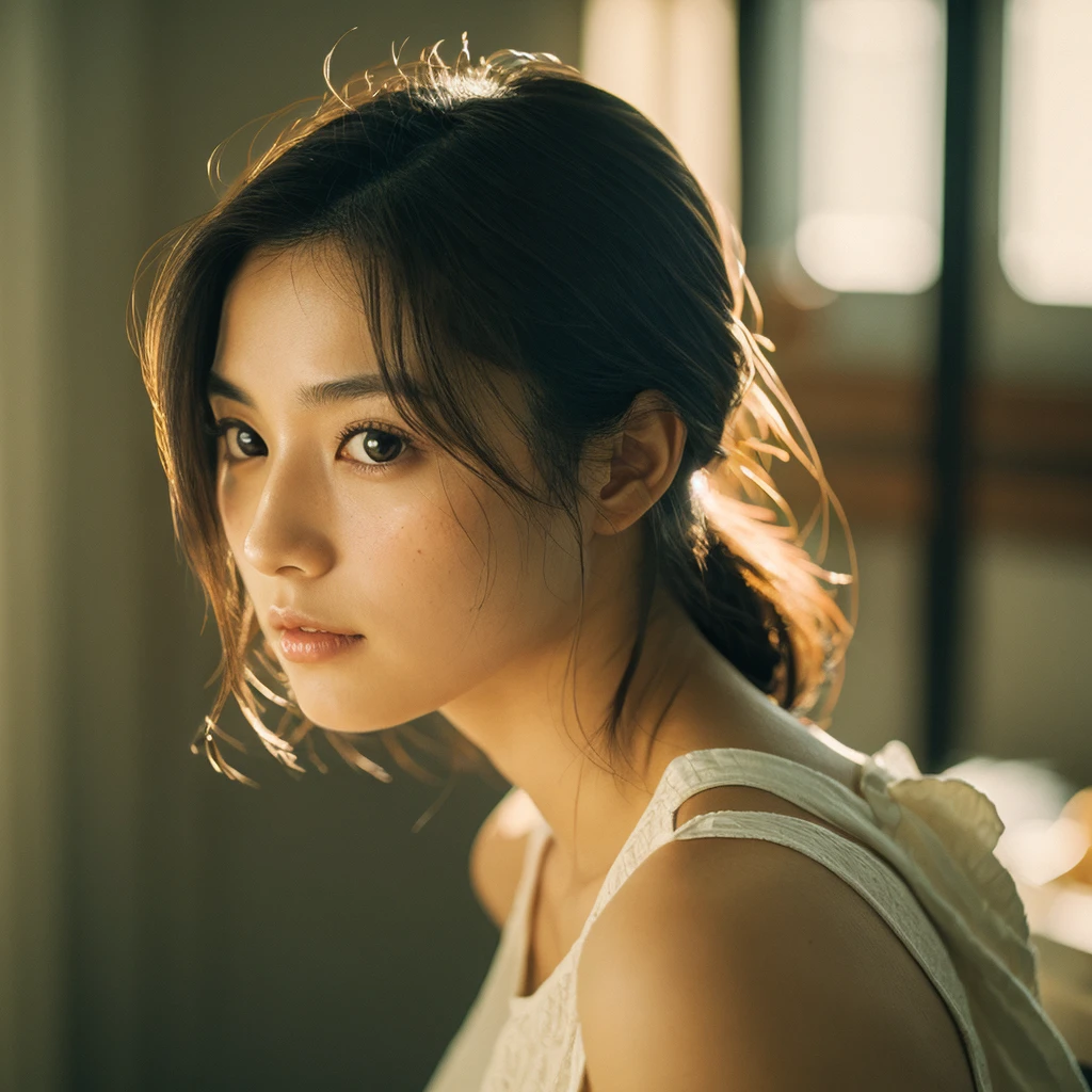 A hyper-realistic image of a single Japanese woman in her early 20s, captured with the nostalgic warmth and subtle graininess of a film camera, focusing on her upper body from the shoulders up. Her skin has a warm beige tone with a natural, slightly rough texture that includes visible pores, fine lines, and subtle imperfections such as small blemishes, adding to the authenticity of her appearance. The soft, diffused natural light enhances the film-like quality, casting gentle shadows across her face and shoulders to create a timeless, organic feel. Her straight, glossy black hair frames her face in a natural, slightly tousled manner, and her deep brown eyes reflect the ambient light, adding depth and emotion. The film camera effect introduces a slight grain and a softer focus, giving the image a warm, nostalgic atmosphere while maintaining the realistic texture of her skin. She is dressed in a simple, elegant top that complements her natural beauty, with the overall composition designed to evoke a sense of genuine, understated elegance. The use of natural light, combined with the deliberately rougher texture of her skin and the film-like qualities, ensures that this image captures the imperfections that make her beauty truly lifelike, focusing solely on this one individual from the shoulders up.