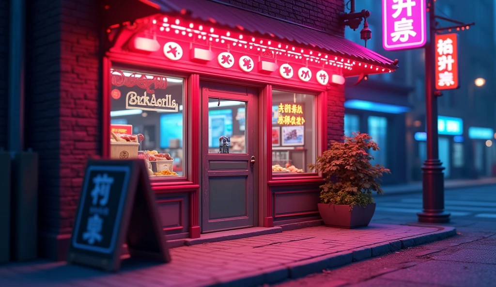 Street shop neon lights at the door super close-up animation style pure scene 