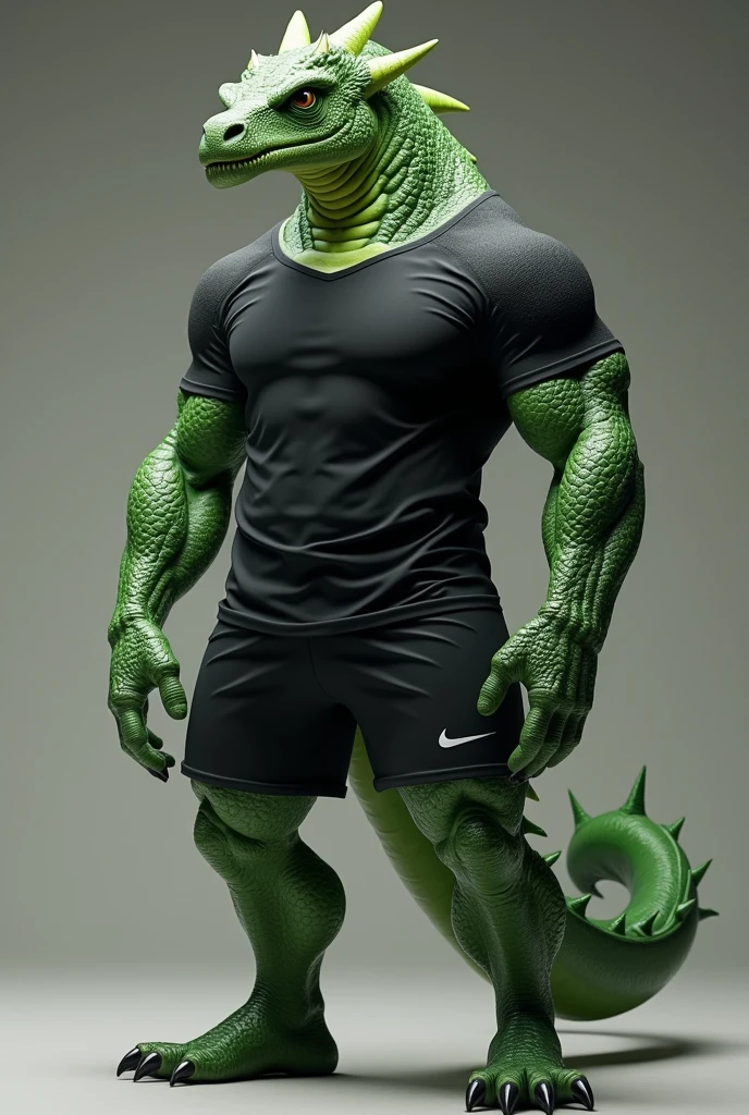 Hornless and wingless green dragon with muscular human body wearing black shirt and black soccer uniform